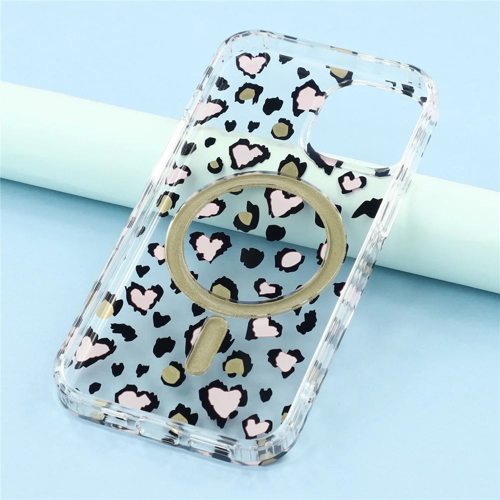 For iPhone 14 Magnetic Case Clear Anti-Yellowing PC + TPU Phone Back Cover Leopard Print Design - Red - 7