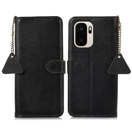 For OnePlus Ace 6 Ultra 5G Case RFID Blocking Genuine Cow Leather Phone Cover Litchi Texture - Black - 1