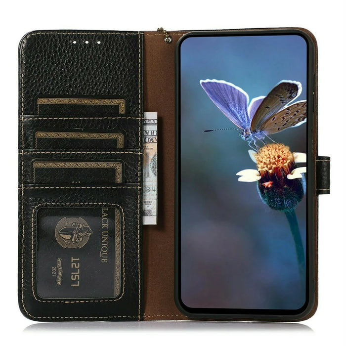 For OnePlus Ace 6 Ultra 5G Case RFID Blocking Genuine Cow Leather Phone Cover Litchi Texture - Black - 2