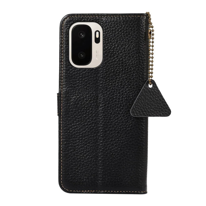 For OnePlus Ace 6 Ultra 5G Case RFID Blocking Genuine Cow Leather Phone Cover Litchi Texture - Black - 7