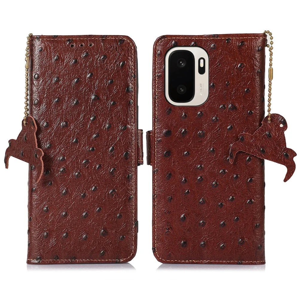 For OnePlus Ace 6 Ultra 5G Case RFID Blocking Genuine Cow Leather Phone Case Ostrich Texture - Coffee - 1