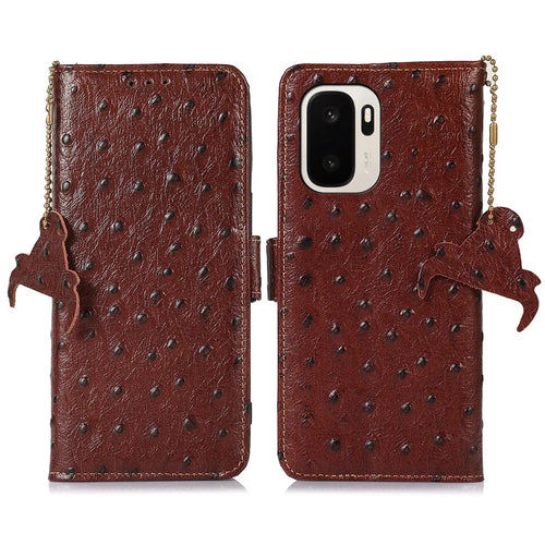 For OnePlus Ace 6 Ultra 5G Case RFID Blocking Genuine Cow Leather Phone Case Ostrich Texture - Coffee - 1