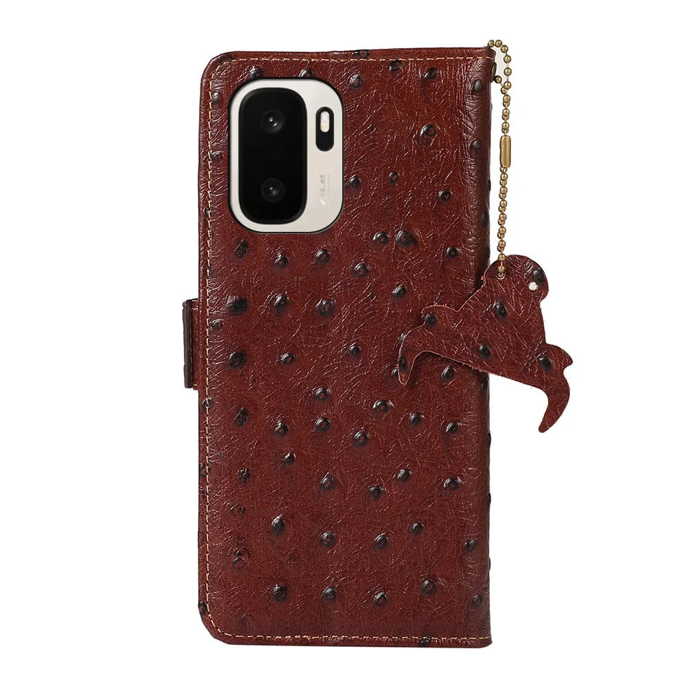 For OnePlus Ace 6 Ultra 5G Case RFID Blocking Genuine Cow Leather Phone Case Ostrich Texture - Coffee - 7