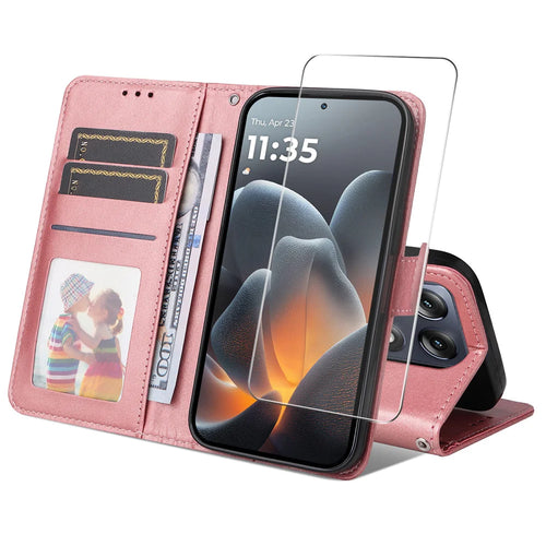 HAT PRINCE for Motorola Signature 5G PU Leather Wallet Case ENKAY  Phone Stand Cover with 9H Tempered Glass - Pink - 1