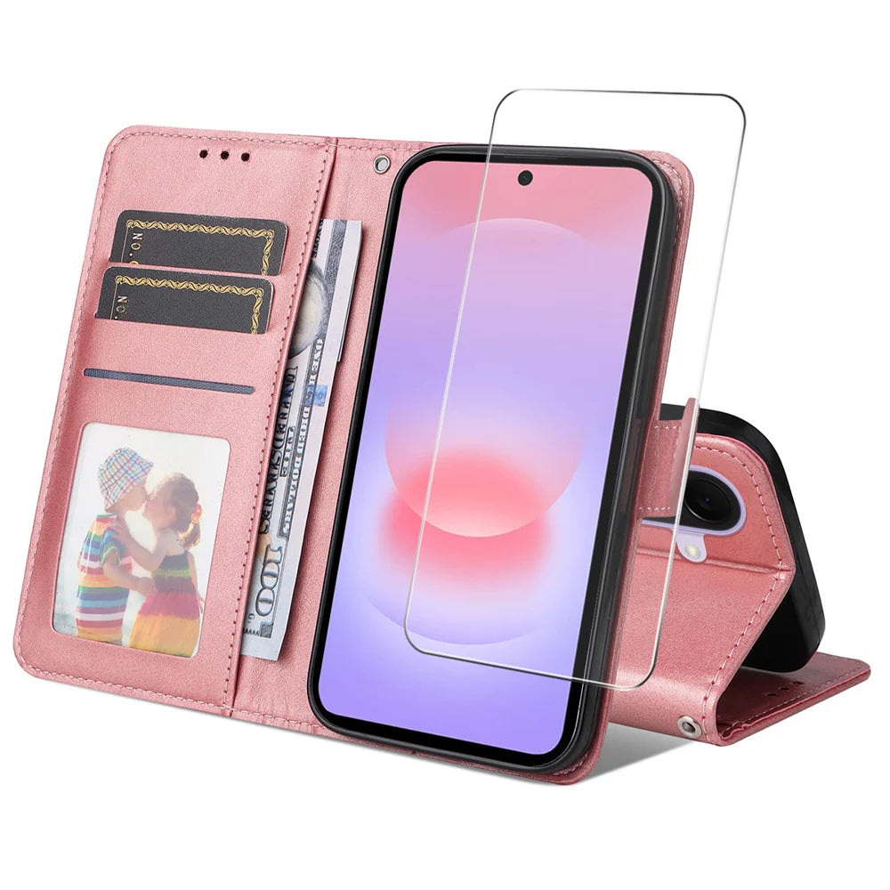 HAT PRINCE for Samsung Galaxy A27 5G PU Leather Wallet Case ENKAY  Phone Stand Cover with 9H Tempered Glass - Pink - 1