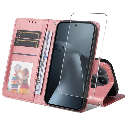 HAT PRINCE for Xiaomi 17T Wallet Case ENKAY  Leather Phone Stand Cover with 0.18mm Screen Protector, Ultrasonic Fingerprint Unlock - Pink - 1