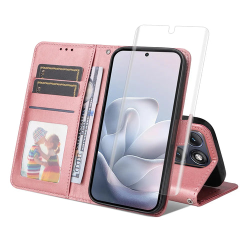 HAT PRINCE for Motorola Edge 70 Fusion+ 5G / Motorola Edge 70 Fusion 5G Wallet Case ENKAY  Calf Texture Leather Phone Stand Cover with Hydrogel Film / Strap - Pink - 1