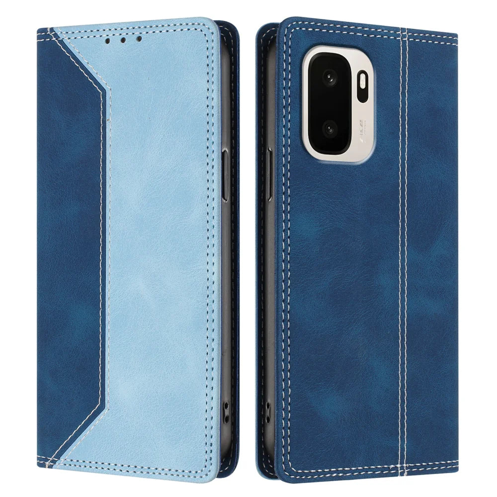 For OnePlus Ace 6 Ultra 5G Leather Case Skin Touch Color Splicing RFID Blocking Wallet Stand Phone Cover - Dark Blue / Blue - 1