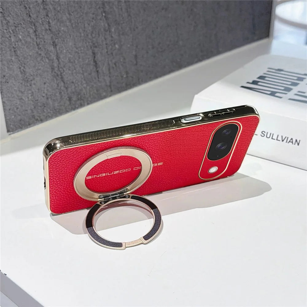 For Google Pixel 10 Magnetic Case Litchi Pattern TPU PU Cover with Electroplated Metal Ring Kickstand - Red - 3