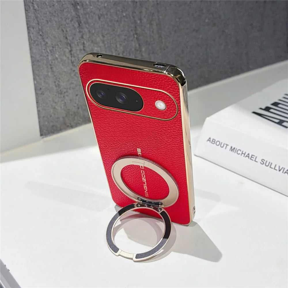 For Google Pixel 10 Magnetic Case Litchi Pattern TPU PU Cover with Electroplated Metal Ring Kickstand - Red - 4