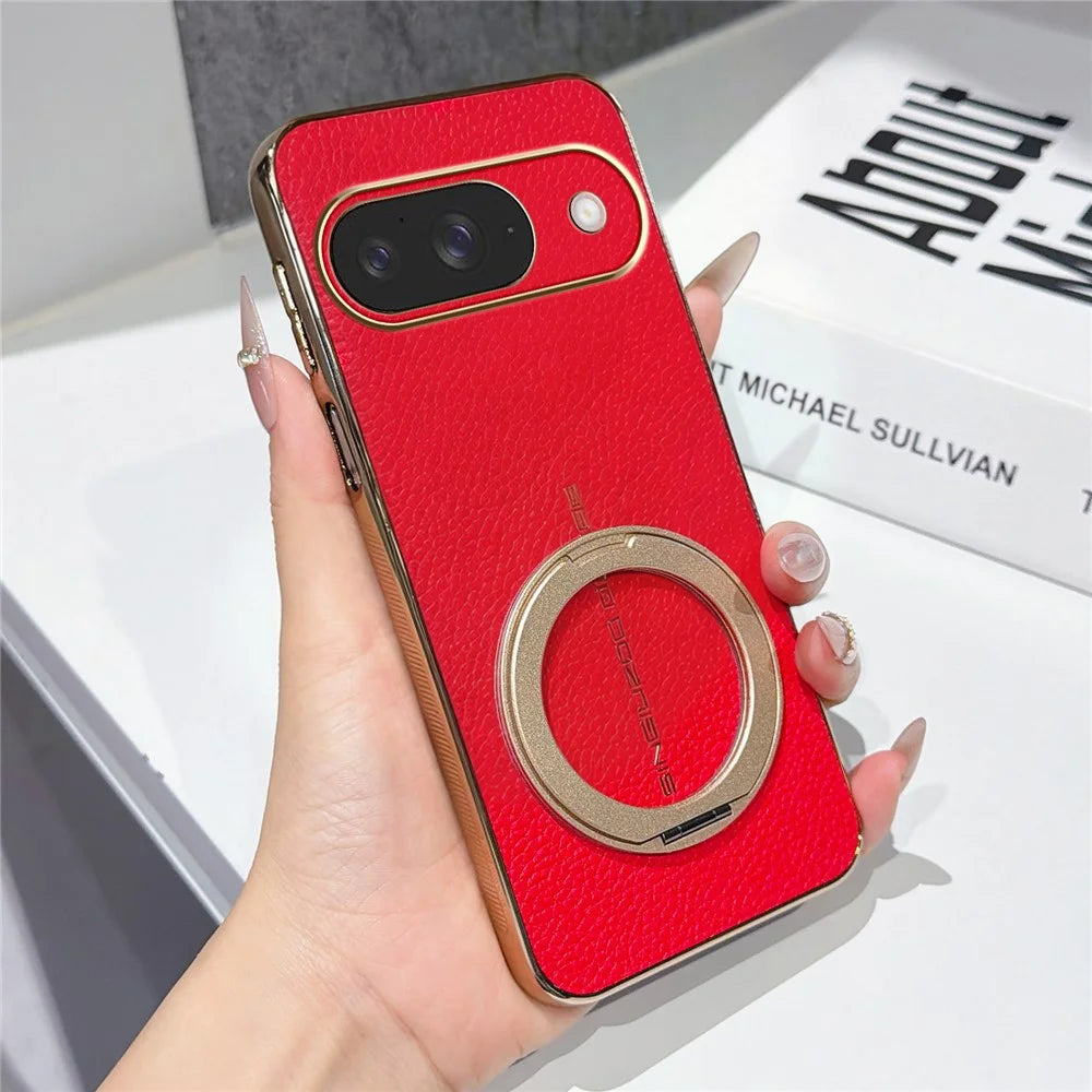 For Google Pixel 10 Pro Magnetic Case Litchi Pattern TPU PU Cover with Electroplated Metal Ring Kickstand - Red - 1