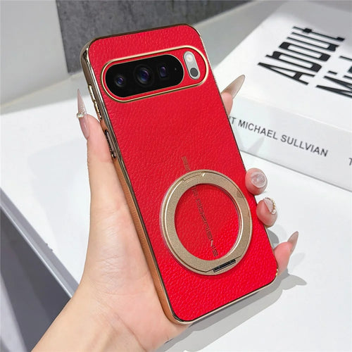 For Google Pixel 10 Pro XL Magnetic Case Litchi Pattern TPU PU Cover with Electroplated Metal Ring Kickstand - Red - 1