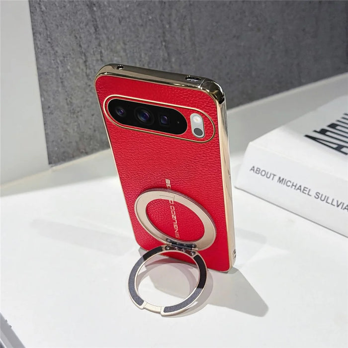 For Google Pixel 10 Pro XL Magnetic Case Litchi Pattern TPU PU Cover with Electroplated Metal Ring Kickstand - Red - 4