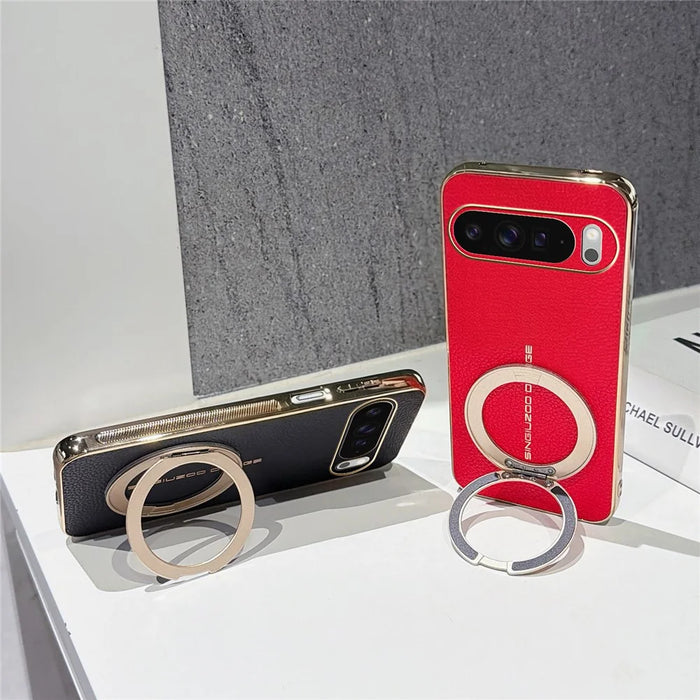 For Google Pixel 10 Pro XL Magnetic Case Litchi Pattern TPU PU Cover with Electroplated Metal Ring Kickstand - Red - 6