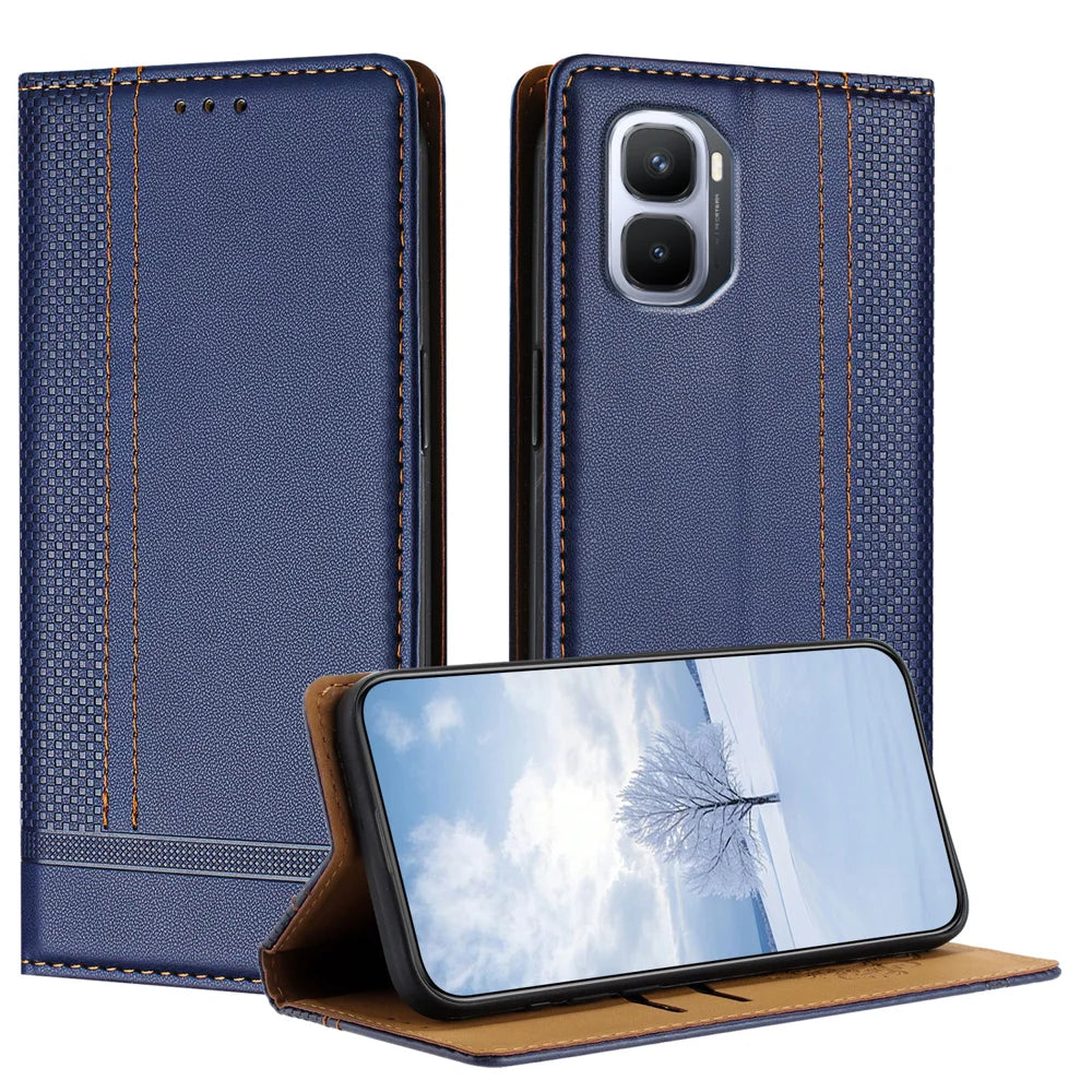 For Infinix GT 50 Pro 5G Case L-Shaped Grid Pattern Leather Stand Phone Cover with Card Slots - Blue - 1