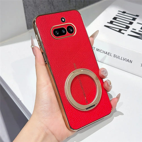 For Nothing Phone (4a) Magnetic Case Litchi Pattern TPU PU Cover with Electroplated Metal Ring Kickstand - Red - 1