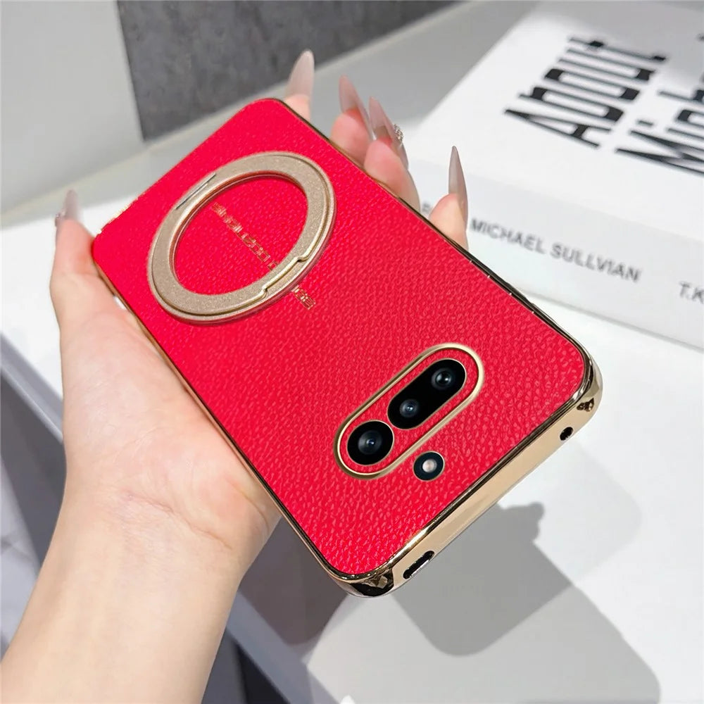 For Nothing Phone (4a) Magnetic Case Litchi Pattern TPU PU Cover with Electroplated Metal Ring Kickstand - Red - 2