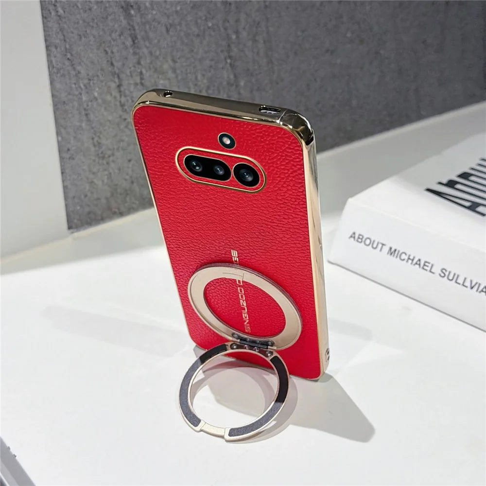 For Nothing Phone (4a) Magnetic Case Litchi Pattern TPU PU Cover with Electroplated Metal Ring Kickstand - Red - 4