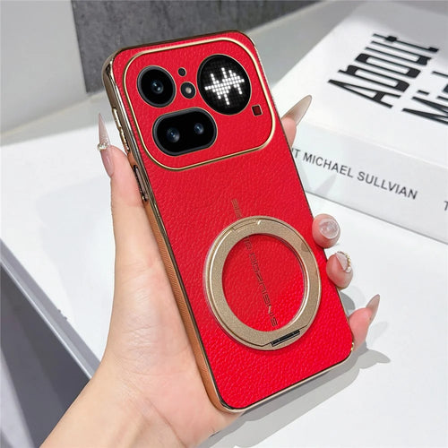 For Nothing Phone (4a) Pro Magnetic Case Litchi Pattern TPU PU Cover with Electroplated Metal Ring Kickstand - Red - 1