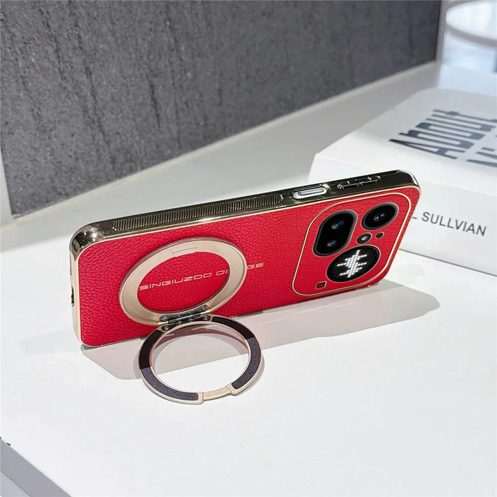 For Nothing Phone (4a) Pro Magnetic Case Litchi Pattern TPU PU Cover with Electroplated Metal Ring Kickstand - Red - 3