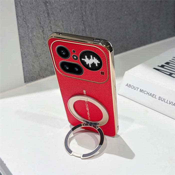 For Nothing Phone (4a) Pro Magnetic Case Litchi Pattern TPU PU Cover with Electroplated Metal Ring Kickstand - Red - 4