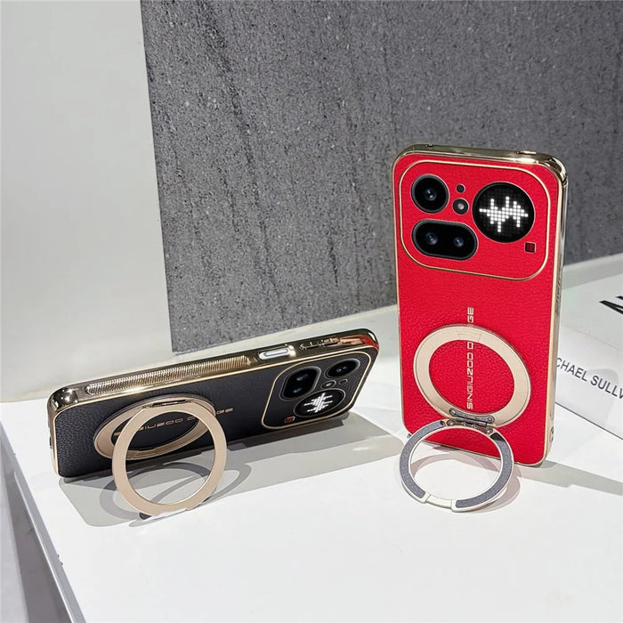 For Nothing Phone (4a) Pro Magnetic Case Litchi Pattern TPU PU Cover with Electroplated Metal Ring Kickstand - Red - 6