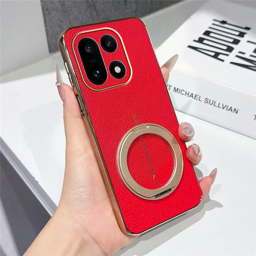For OnePlus 15 5G Magnetic Case Litchi Pattern TPU PU Cover with Electroplated Metal Ring Kickstand - Red - 1