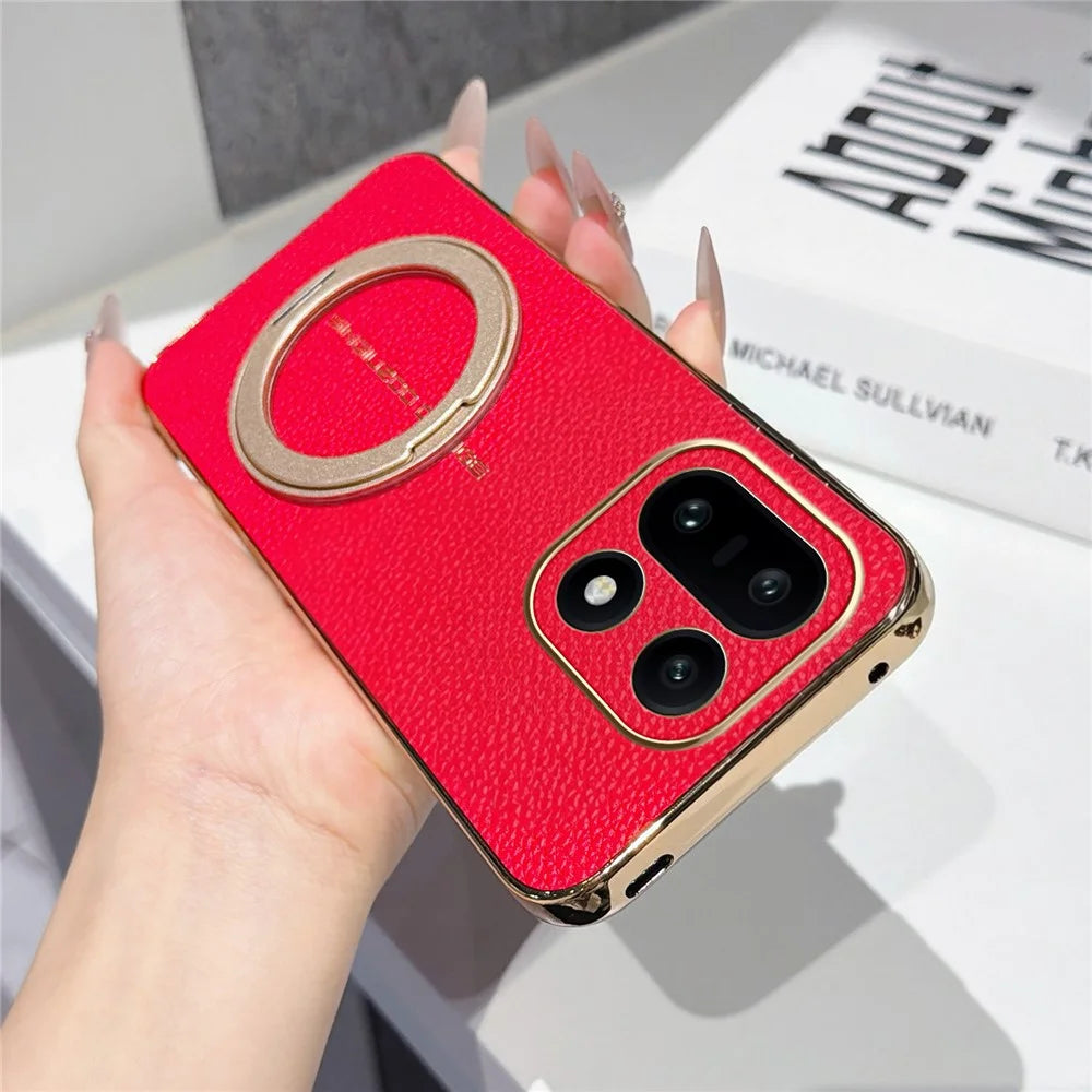 For OnePlus 15 5G Magnetic Case Litchi Pattern TPU PU Cover with Electroplated Metal Ring Kickstand - Red - 2