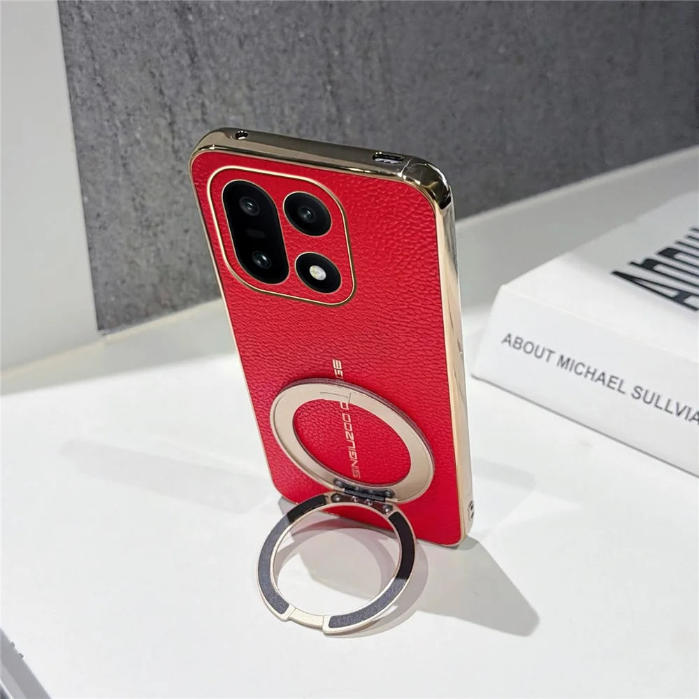 For OnePlus 15 5G Magnetic Case Litchi Pattern TPU PU Cover with Electroplated Metal Ring Kickstand - Red - 4