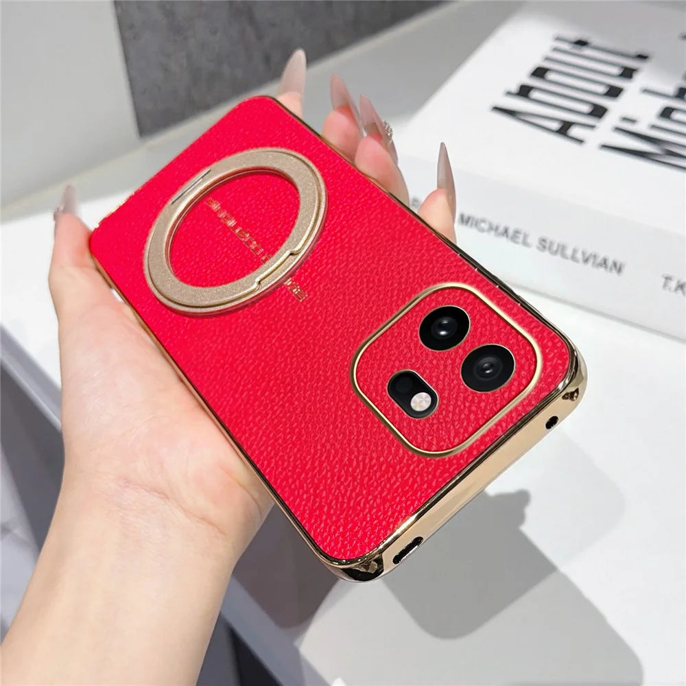 For OnePlus 15T 5G Magnetic Case Litchi Pattern TPU PU Cover with Electroplated Metal Ring Kickstand - Red - 2