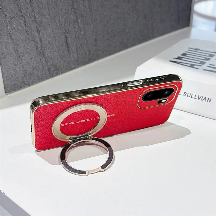 For OnePlus Ace 6 5G Magnetic Case Litchi Pattern TPU PU Cover with Electroplated Metal Ring Kickstand - Red - 3
