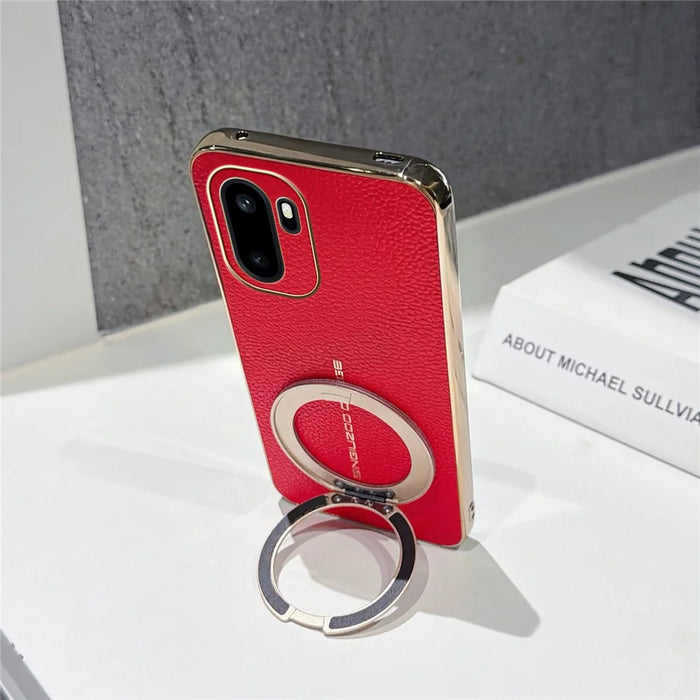 For OnePlus Ace 6 5G Magnetic Case Litchi Pattern TPU PU Cover with Electroplated Metal Ring Kickstand - Red - 4