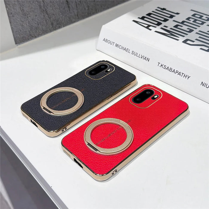 For OnePlus Ace 6 5G Magnetic Case Litchi Pattern TPU PU Cover with Electroplated Metal Ring Kickstand - Red - 5