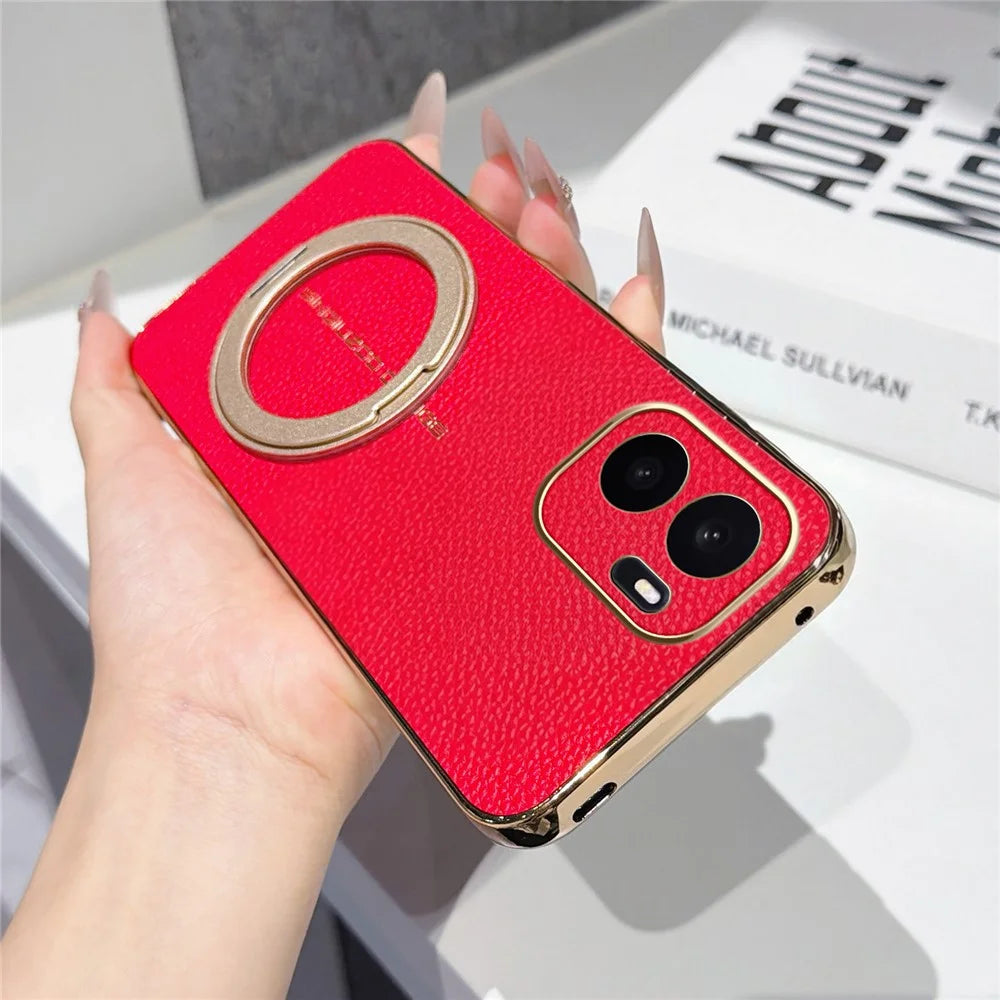 For OnePlus Ace 6 Ultra 5G Magnetic Case Litchi Pattern TPU PU Cover with Electroplated Metal Ring Kickstand - Red - 2