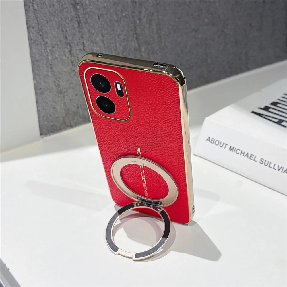 For OnePlus Ace 6 Ultra 5G Magnetic Case Litchi Pattern TPU PU Cover with Electroplated Metal Ring Kickstand - Red - 4