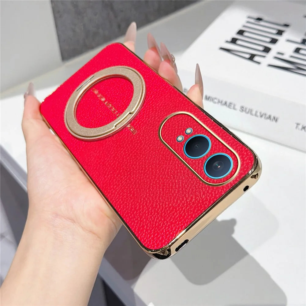 For OnePlus Nord CE4 Lite 5G Magnetic Case Litchi Pattern TPU PU Cover with Electroplated Metal Ring Kickstand - Red - 2