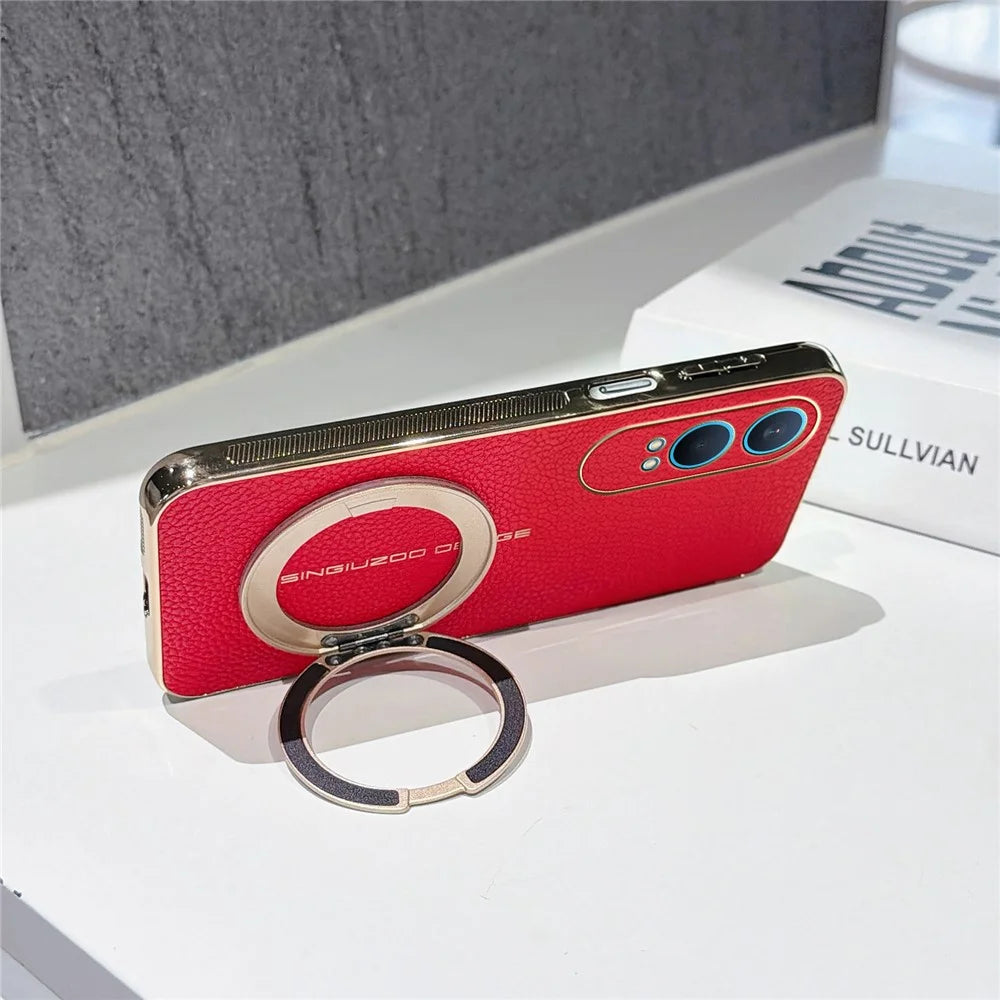 For OnePlus Nord CE4 Lite 5G Magnetic Case Litchi Pattern TPU PU Cover with Electroplated Metal Ring Kickstand - Red - 3