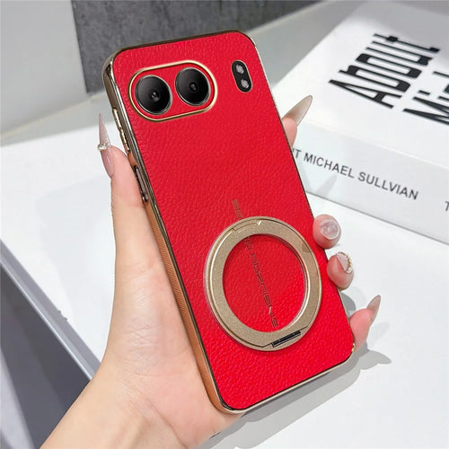 For OnePlus Nord 4 Magnetic Case Litchi Pattern TPU PU Cover with Electroplated Metal Ring Kickstand - Red - 1