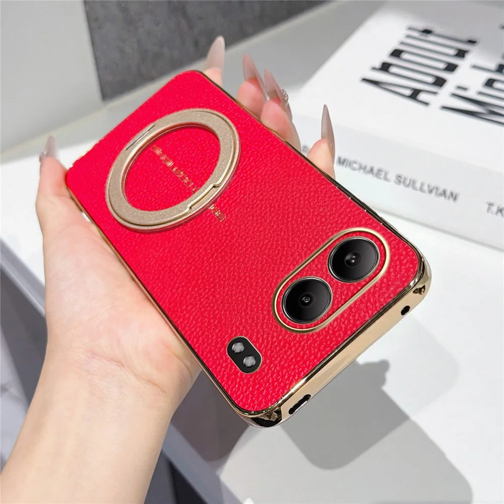 For OnePlus Nord 4 Magnetic Case Litchi Pattern TPU PU Cover with Electroplated Metal Ring Kickstand - Red - 2