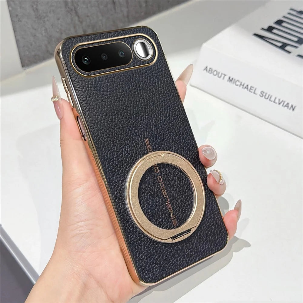 For Realme 16 5G Magnetic Case Litchi Pattern TPU PU Cover with Electroplated Metal Ring Kickstand - Black - 1