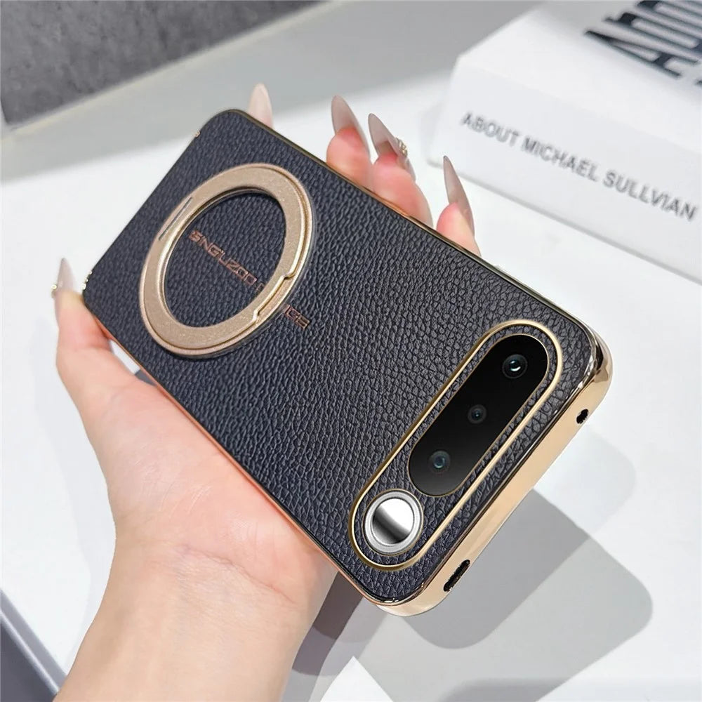 For Realme 16 5G Magnetic Case Litchi Pattern TPU PU Cover with Electroplated Metal Ring Kickstand - Black - 2
