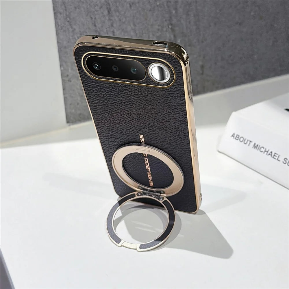 For Realme 16 5G Magnetic Case Litchi Pattern TPU PU Cover with Electroplated Metal Ring Kickstand - Black - 3