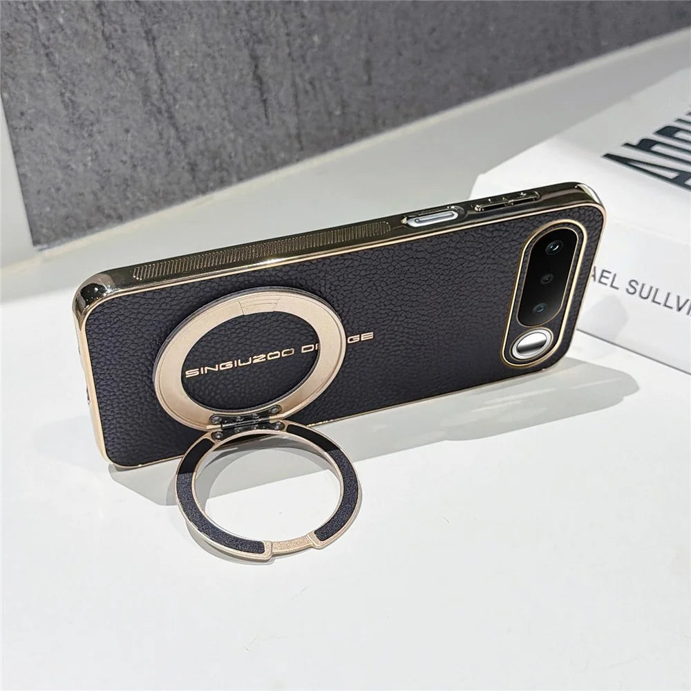 For Realme 16 5G Magnetic Case Litchi Pattern TPU PU Cover with Electroplated Metal Ring Kickstand - Black - 4