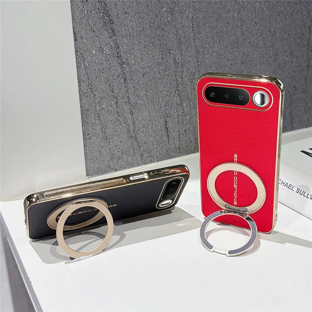 For Realme 16 5G Magnetic Case Litchi Pattern TPU PU Cover with Electroplated Metal Ring Kickstand - Black - 5