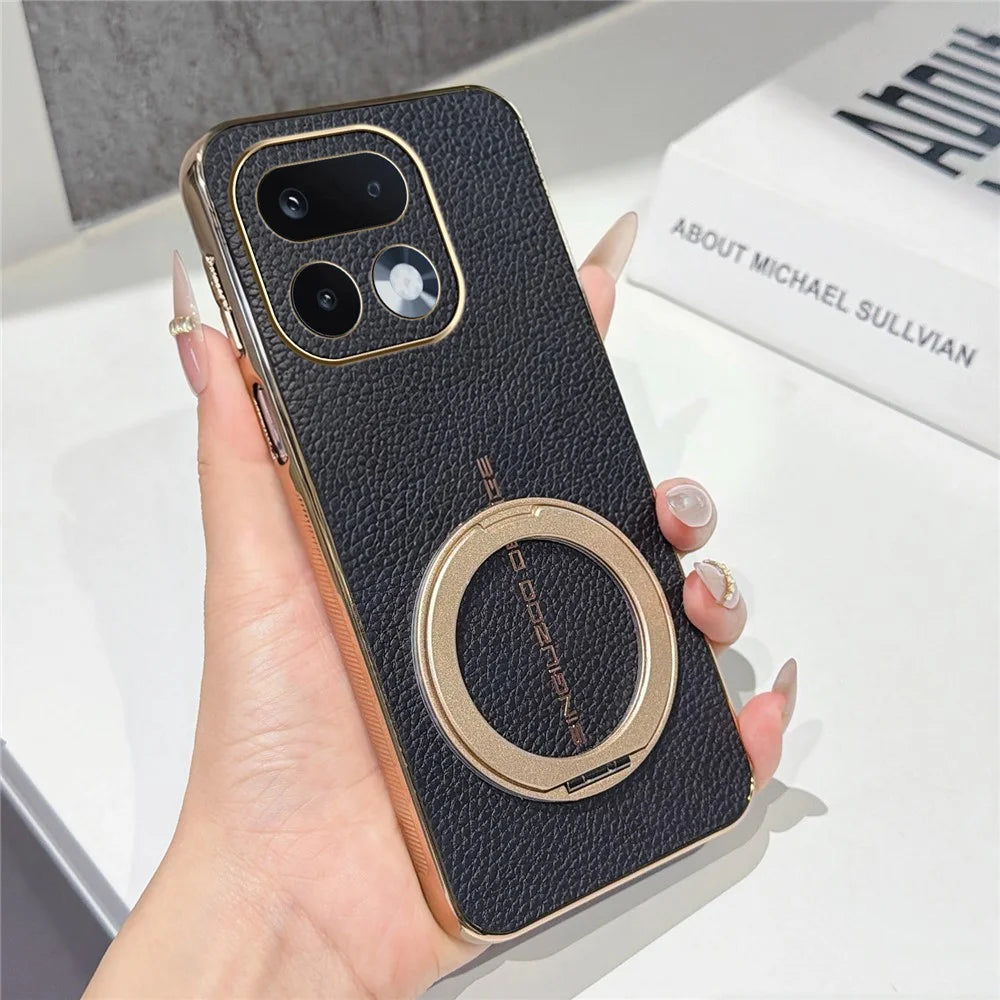 For Realme 16 Pro 5G Magnetic Case Litchi Pattern TPU PU Cover with Electroplated Metal Ring Kickstand - Black - 1