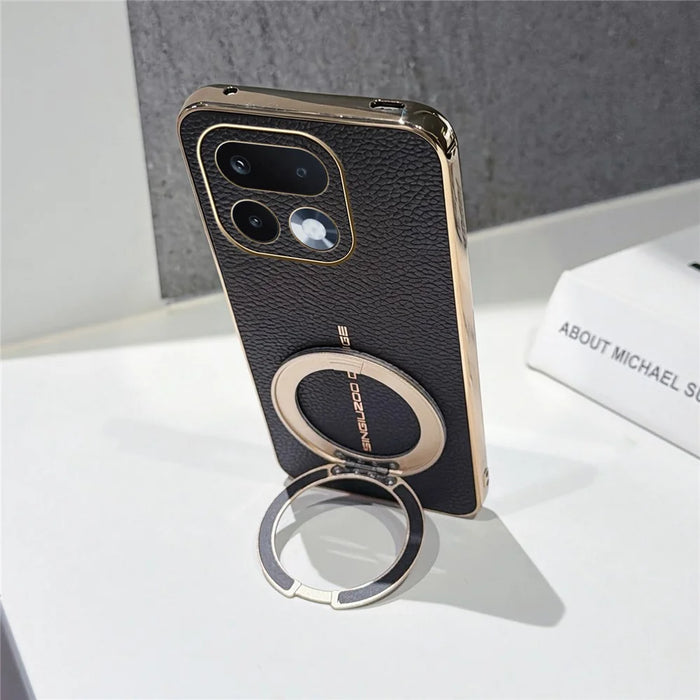 For Realme 16 Pro 5G Magnetic Case Litchi Pattern TPU PU Cover with Electroplated Metal Ring Kickstand - Black - 3