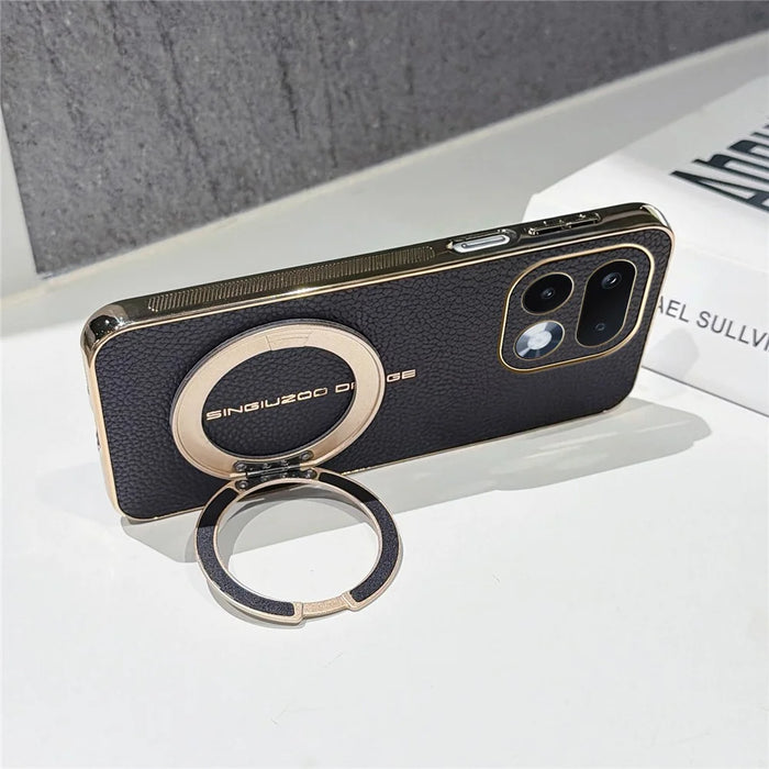 For Realme 16 Pro 5G Magnetic Case Litchi Pattern TPU PU Cover with Electroplated Metal Ring Kickstand - Black - 4