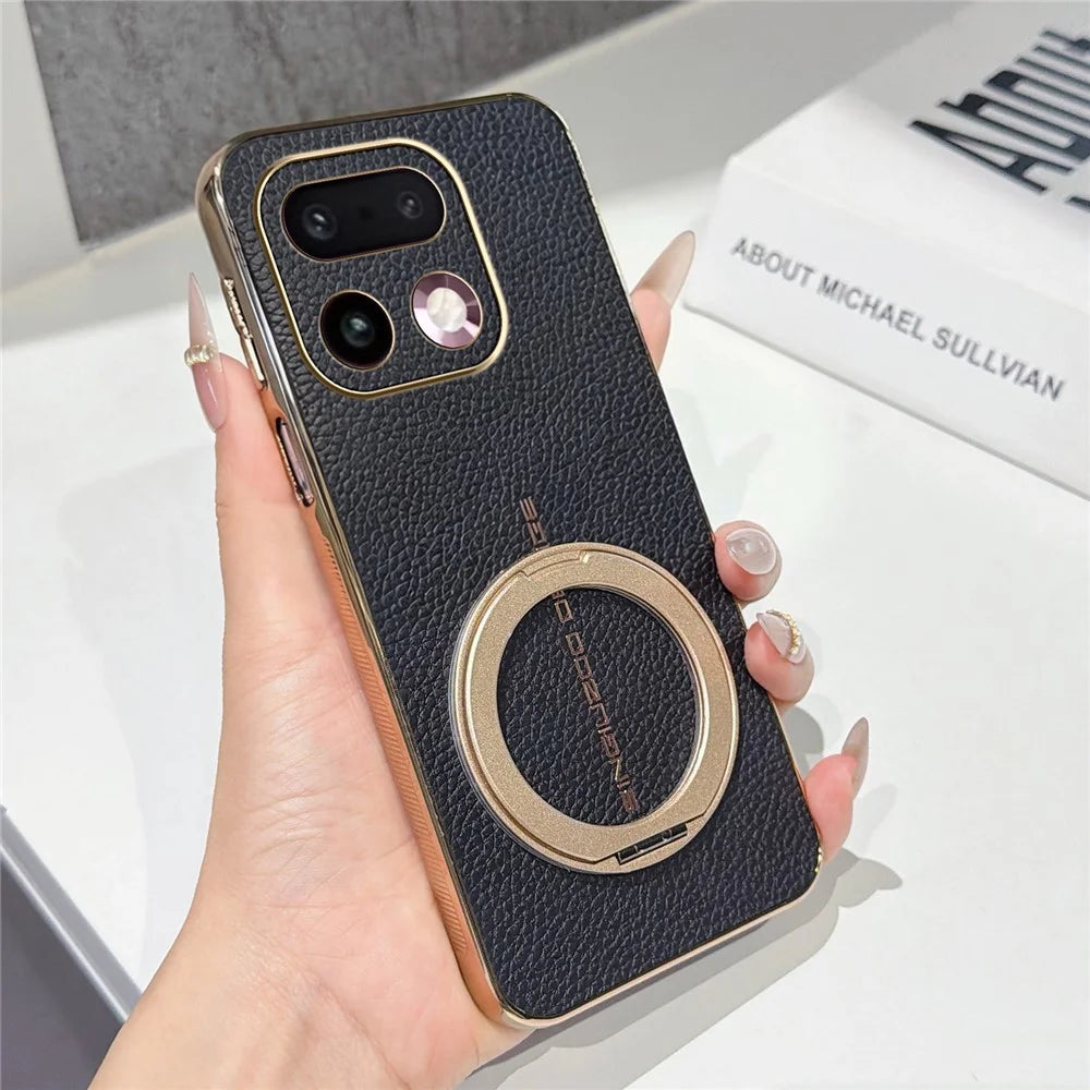 For Realme 16 Pro+ 5G Magnetic Case Litchi Pattern TPU PU Cover with Electroplated Metal Ring Kickstand - Black - 1