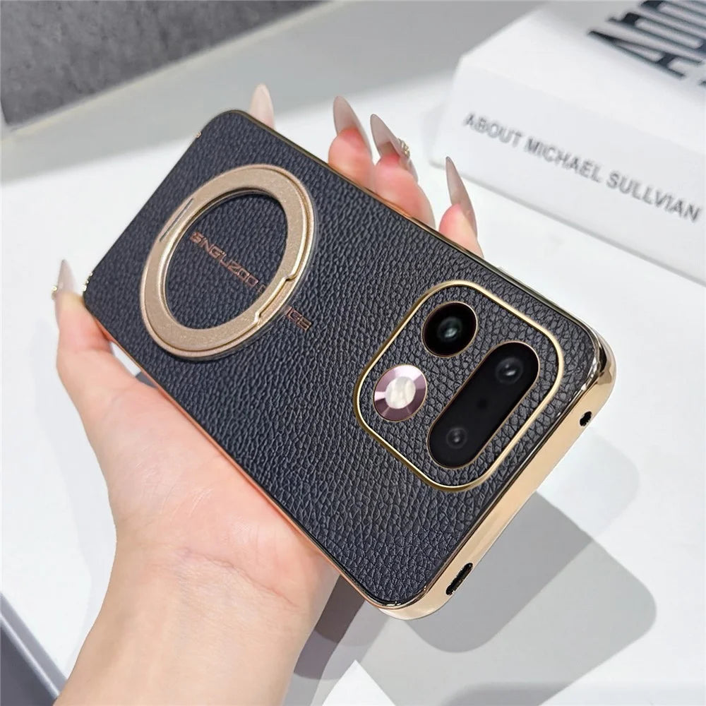 For Realme 16 Pro+ 5G Magnetic Case Litchi Pattern TPU PU Cover with Electroplated Metal Ring Kickstand - Black - 2