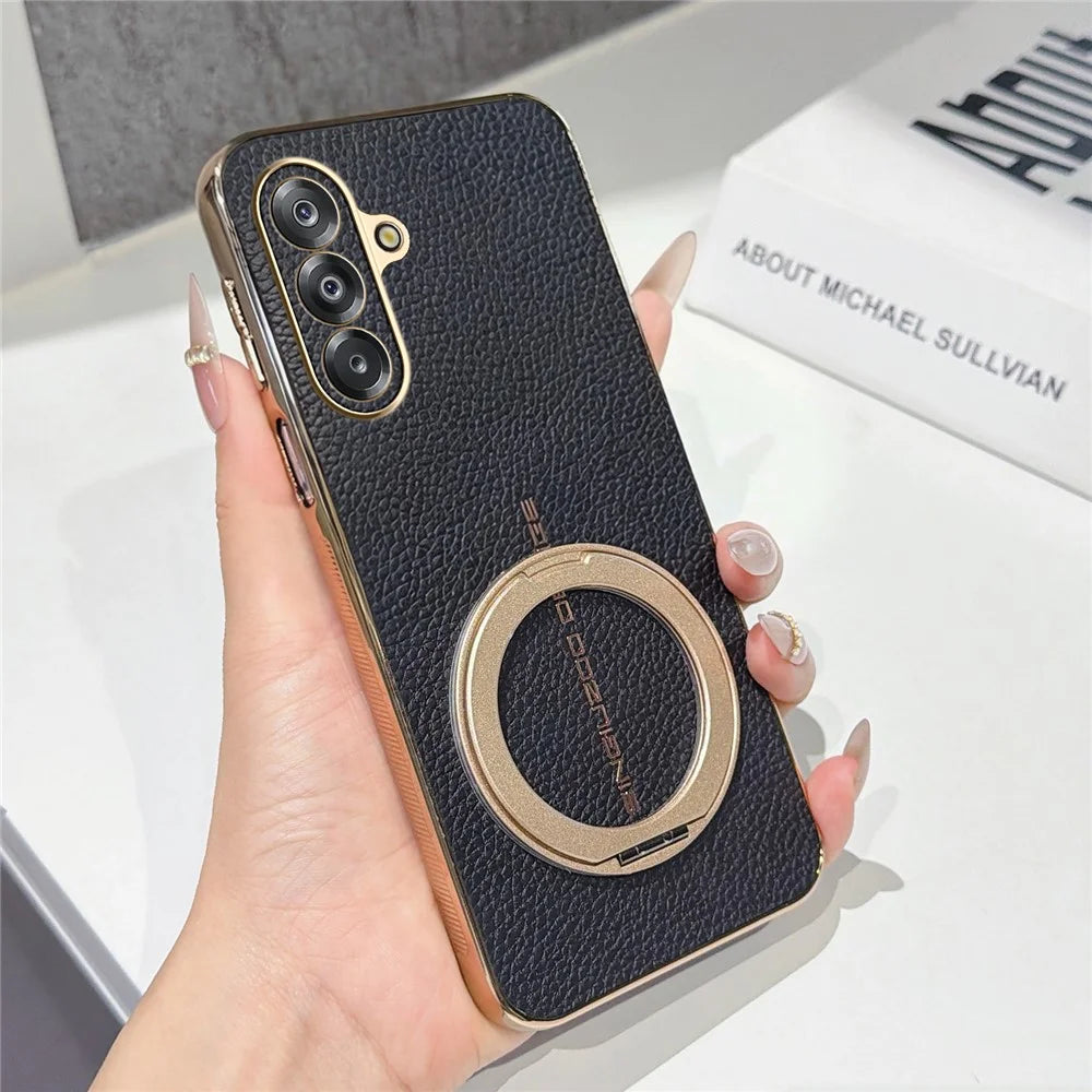 Magnetic Case For Samsung Galaxy A18 5G / A18 4G / A17 5G / A17 4G Litchi Pattern TPU PU Cover with Electroplated Metal Ring Kickstand - Black - 1